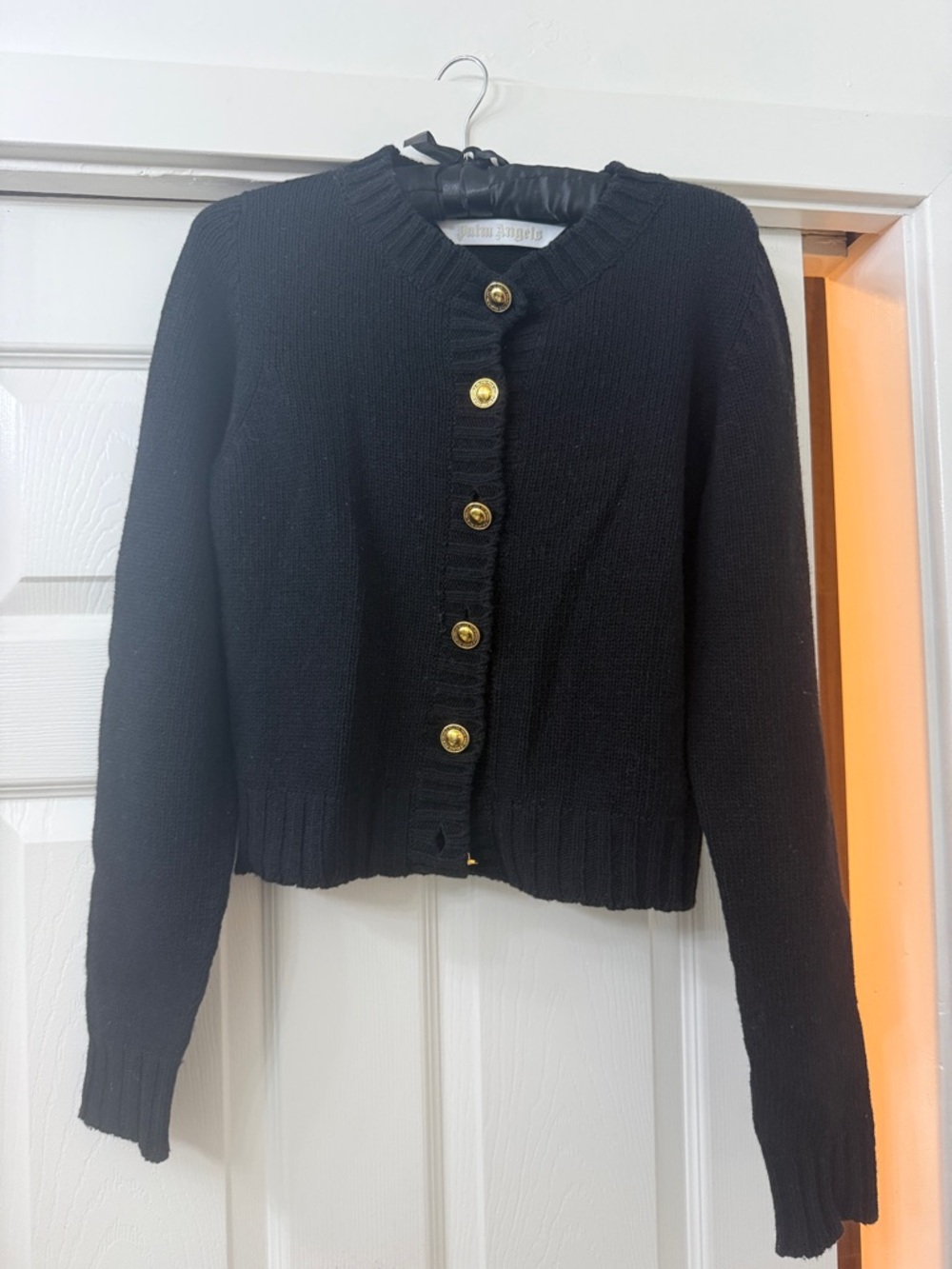 Palm Angels Black Knit Button-Up Sweater with Gold Buttons
